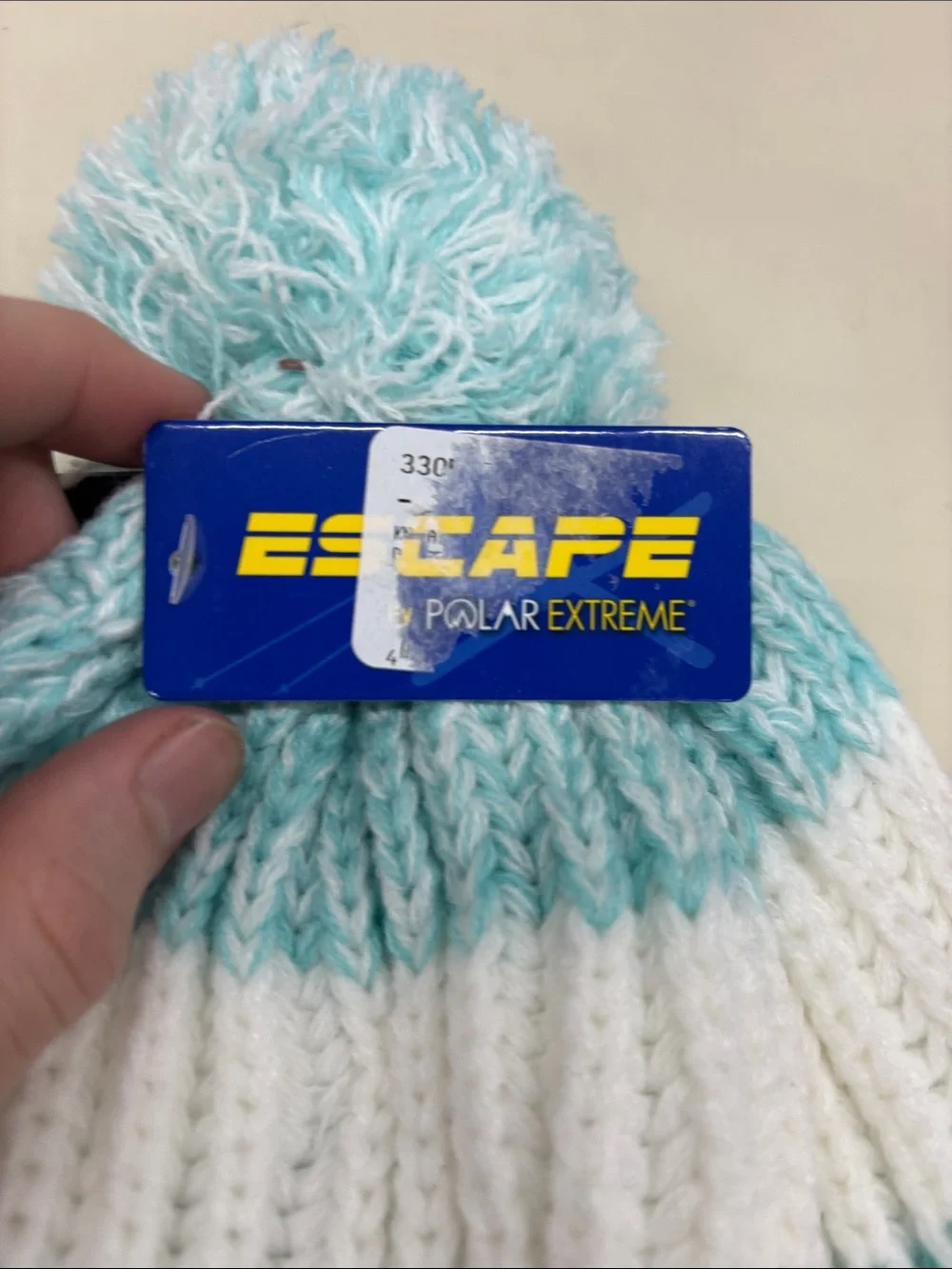 NWT Escape Polar Extreme Women's Striped Pom Beanie in Light Blue and White